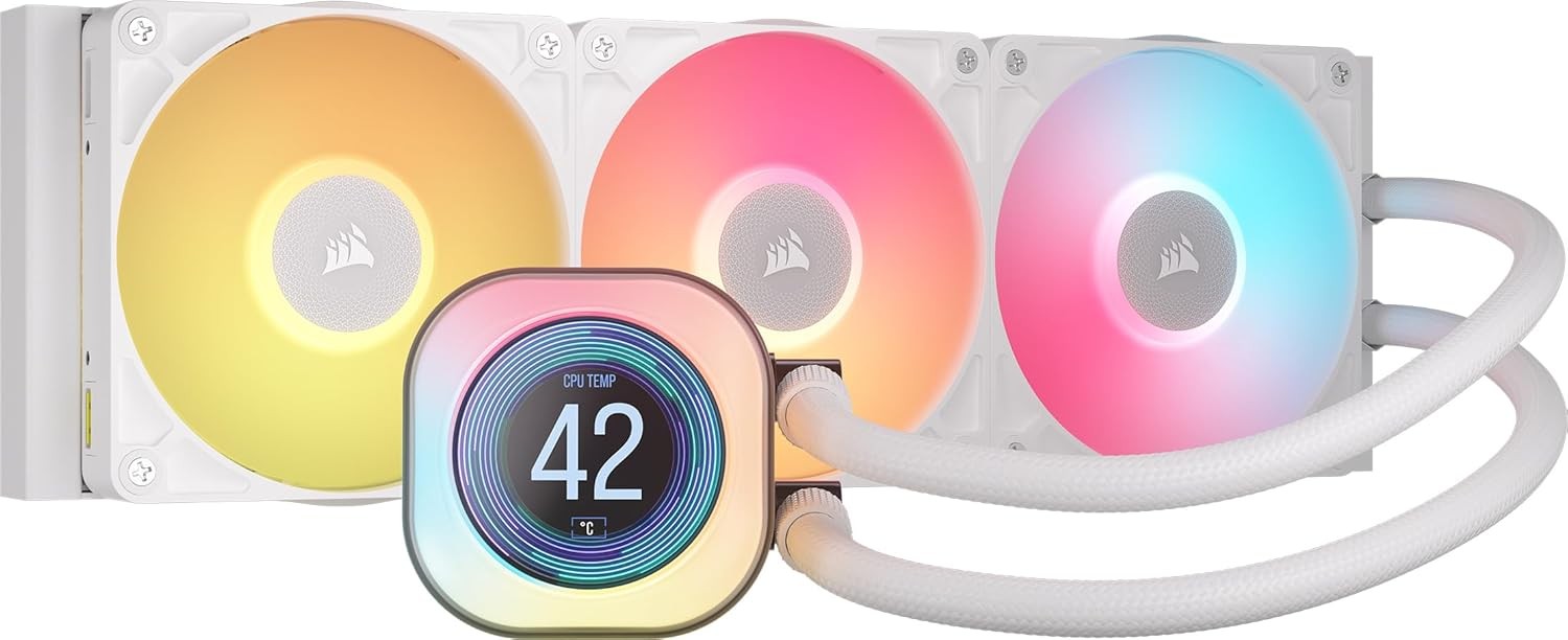 CORSAIR 海盗船 iCUE Link Titan 360 RX LCD 液体 CPU 冷却器 – 360 毫米 AIO – 低噪音 – FlowDrive 冷却引擎 – Intel LGA 1851/1700,AMD AM5/AM4 – 3X RX120 RGB 风扇 – iCUE Link System 包含集线器 – 白色